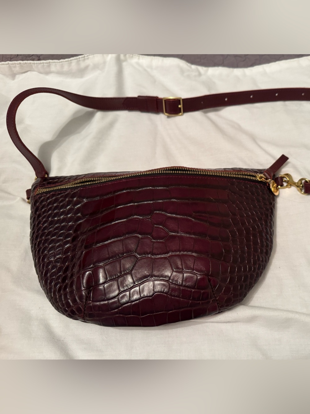 Clare V Croc-Embossed Half-Moon Crossbody Bag in Deep Burgundy
